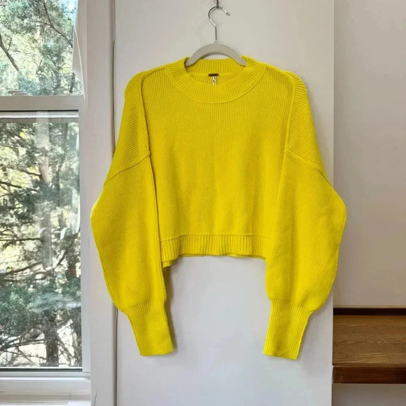Free People Easy Street Crop Pullover Sweater Oversized Rib Crewneck Yellow XS - Picture 1 of 7